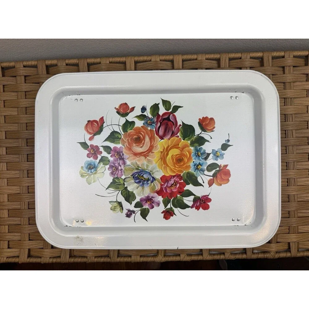 Vintage Floral Painted Metal Serving Tray, White Rectangle w/ Handles 17x12